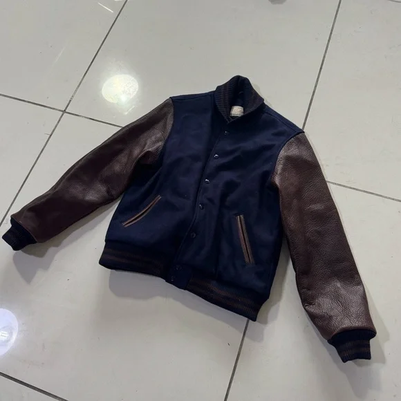Dehen Varsity Jacket Navy with Brown Leather Sleeves Made in USA